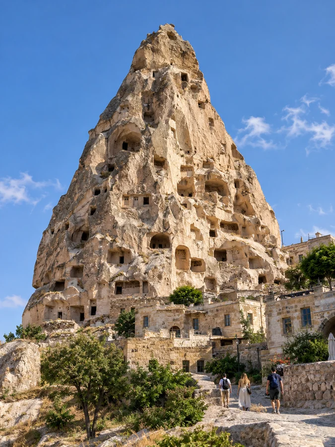 The carved tuff cone of Uchisar Castle above the stone houses of the village