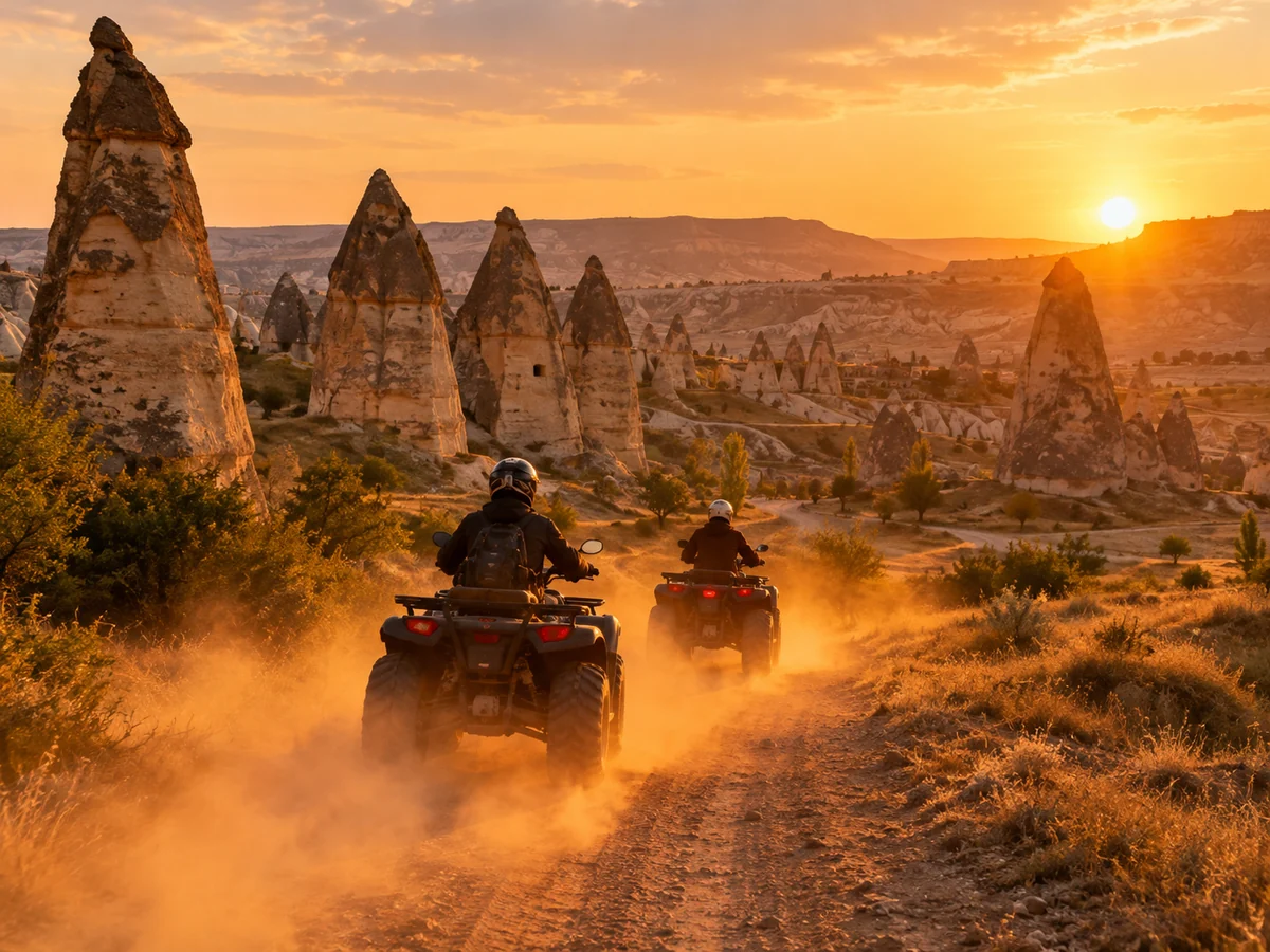 Two quad bikes kicking up dust on a track between fairy chimneys at sunset