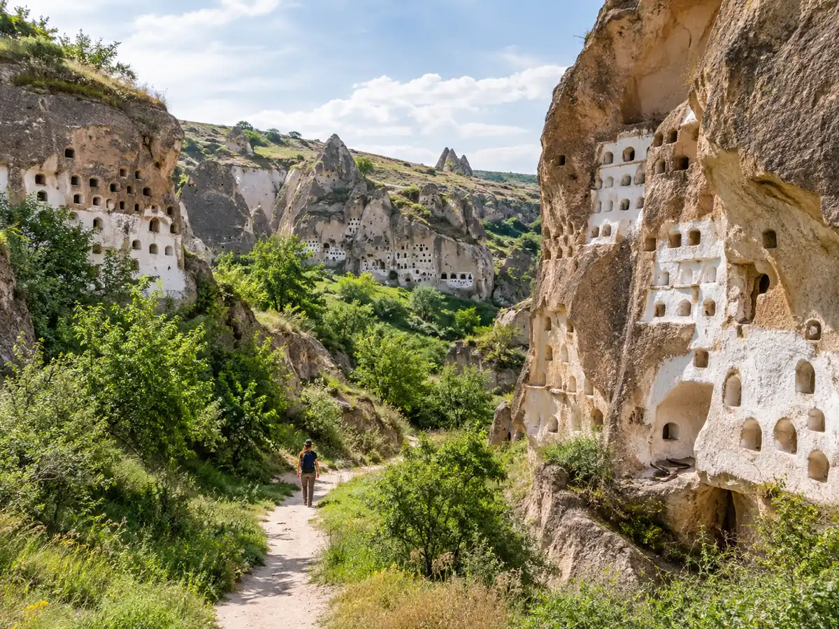 A footpath through Pigeon Valley between carved dovecotes and green trees